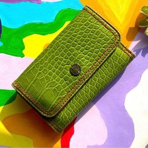Funky 90s Tommy Hilfiger Green and Pink Wallet with Crocodile Embossed Pattern